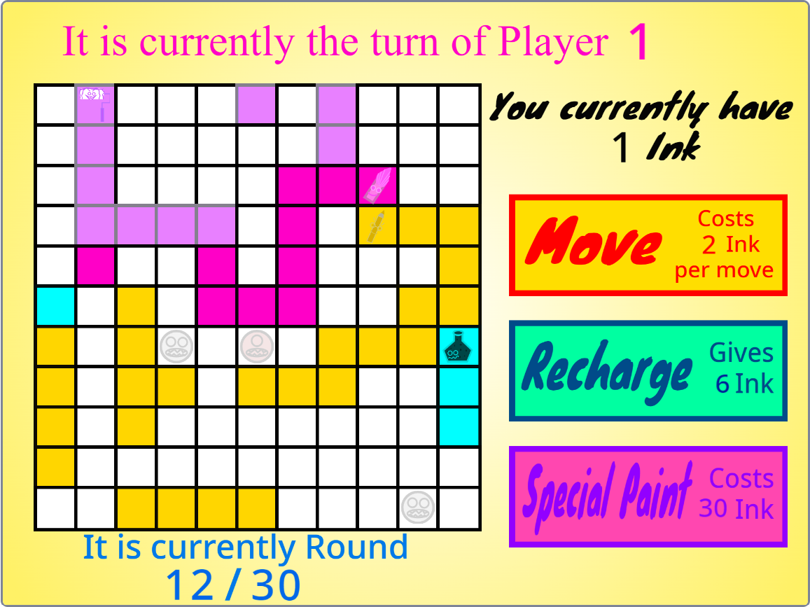 An 11x11 grid of white, magenta, amber, cyan, and lavender tiles, with several little drawing utensil characters and white circles with teeth on them.